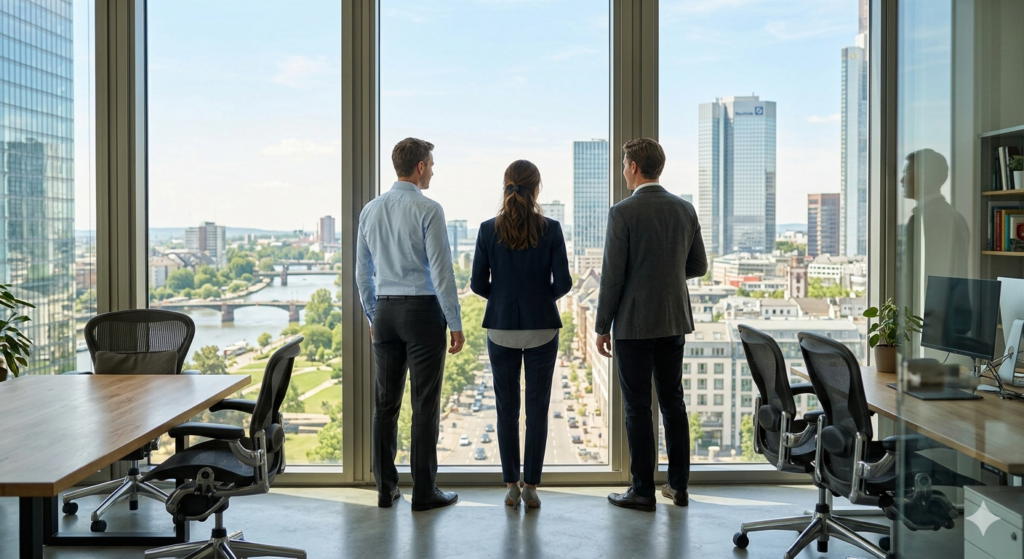 Drei Personen in der Rückansicht vor einem Bürofenster