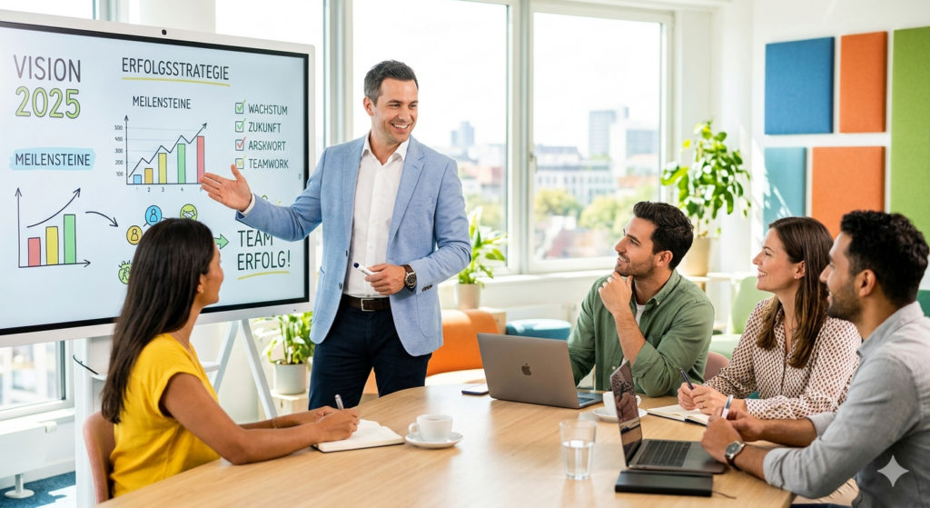 Ein Man erklärt einer Gruppe von Kollegen die Strategie