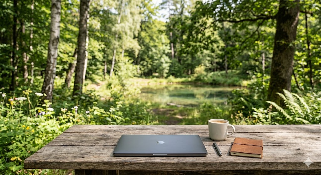 Laptop auf einem Holztisch im Grünen
