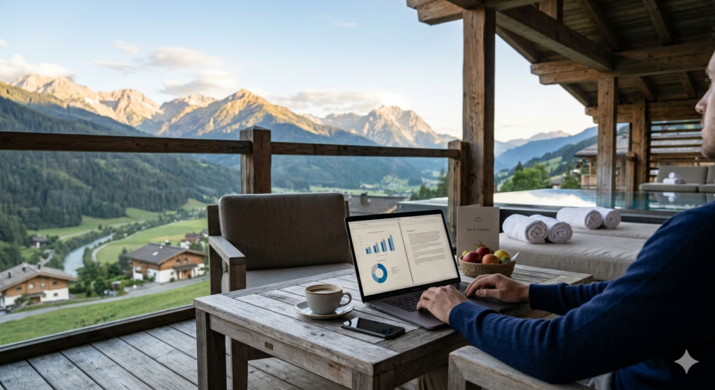 Laptop vor Bergkulisse in Wellnesshotel