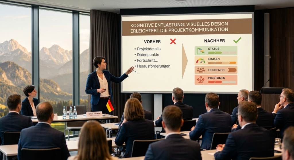 Eine Frau steht vor Publikum und präsentiert eine optisch ansprechende Folie